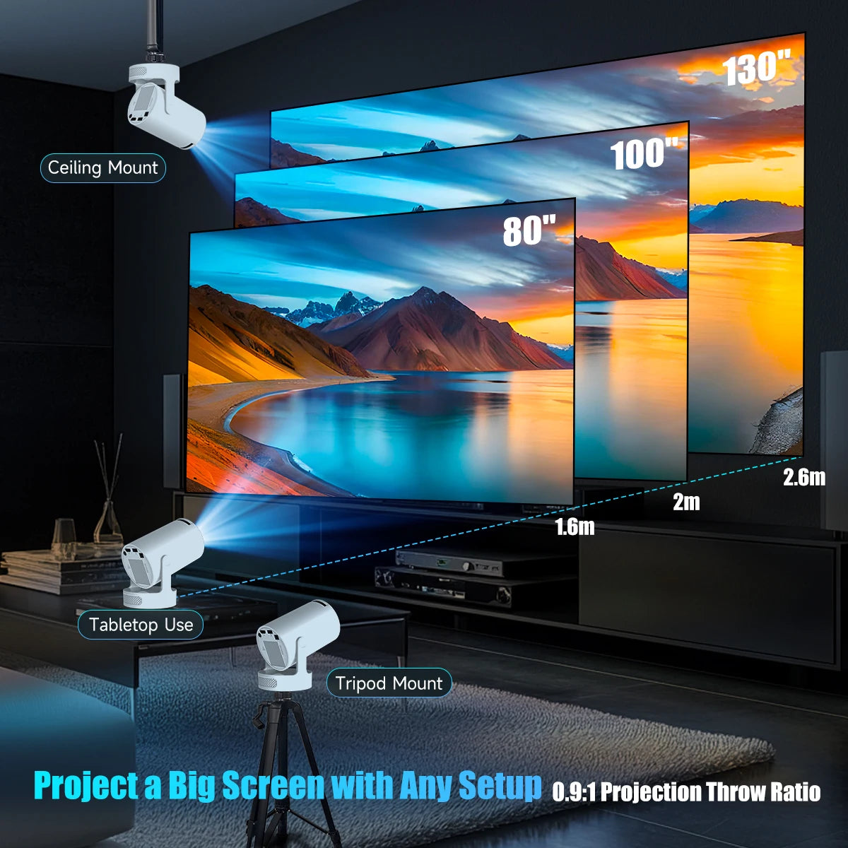 Mini Video Home Theater Projector 4K 720P With 5W Speaker Android 11 8000 Lumens WiFi 6 BT5.4